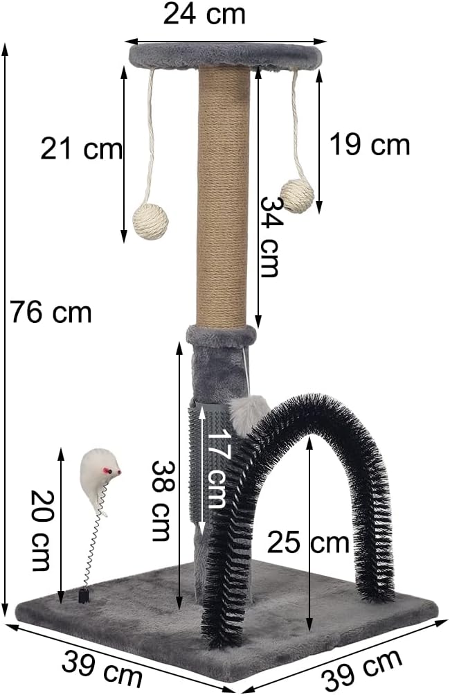 Cat tree scratcher with Perch, Hanging toys, Natural sisal scratching post, Punching toy, and Arch self-grooming brush, Cat climbing tower for indoor cats, Easy to assemble 76 cm (Grey)