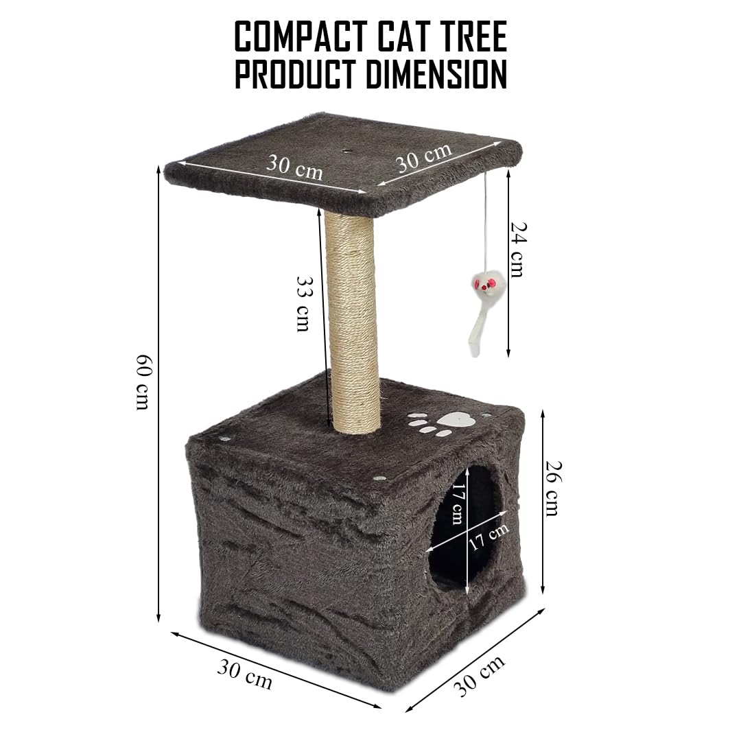 Modern cat tower with Hideaway cave and Hanging ball, Space saving design, Easy to fix and Portable, 59 cm Cat activity tree with Scratching pole, Protect furniture for Indoor cats and kittens