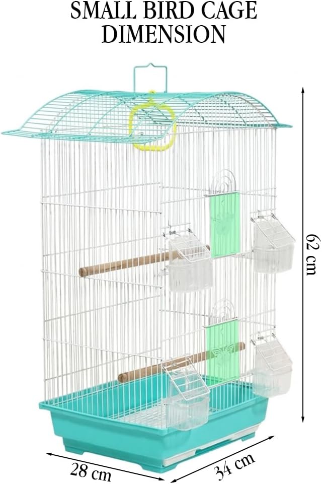Small Bird Cage with Perches, Feeders and Swing, Ideal for Parakeets, Lovebirds, and Small Parrots, 62 cm Metal Cage with Hanging, Pull-out Tray, Portable, Durable and Top-Roof Design (Cyan)