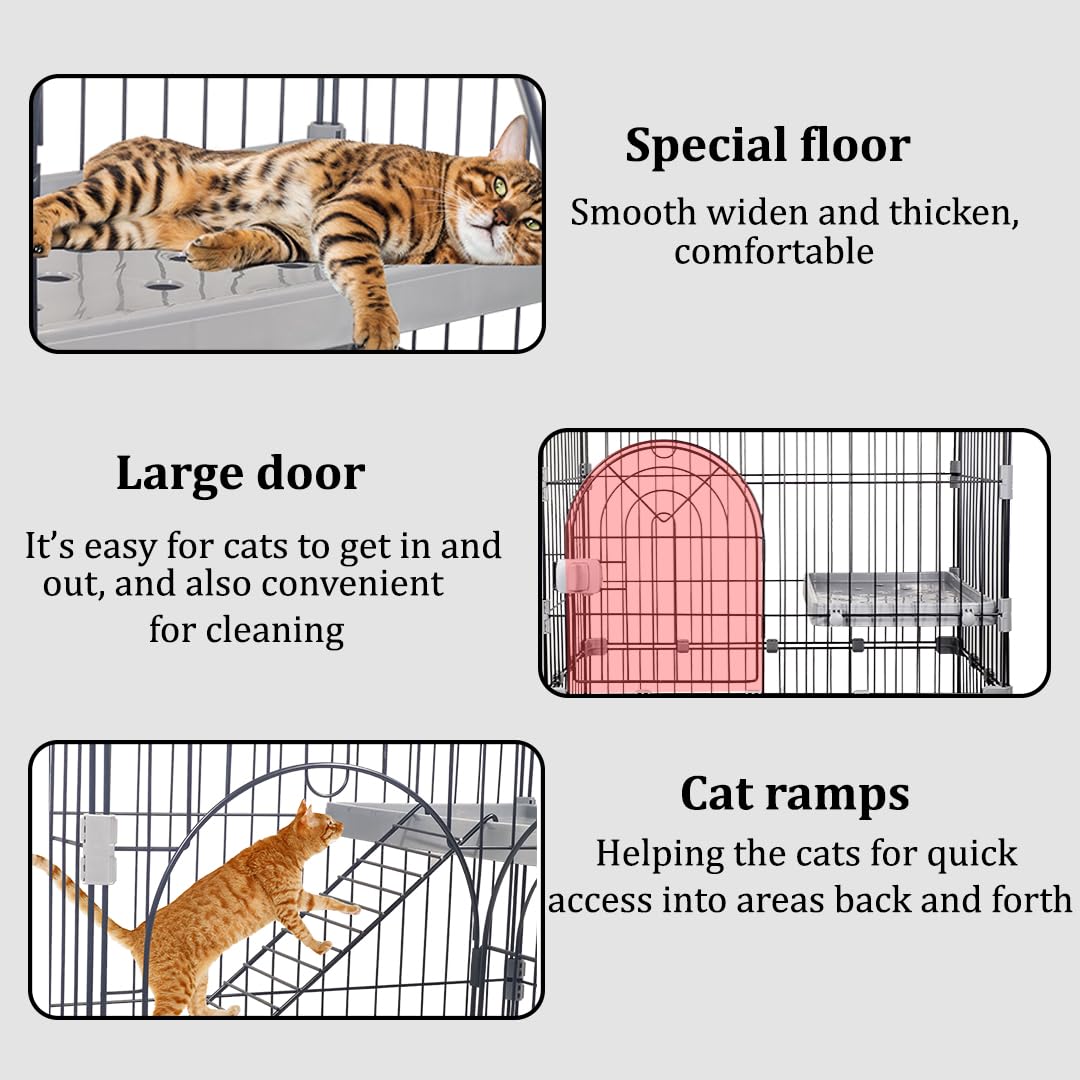 NNC PETS Cat Cage Kennel with 2-lockable Doors - 2-Tiier Metal Wire Pet Cat House Playpen for Indoor Cats - Cozy Hammock, Climbing Ladder, Drawer Tray & Universal Wheels, Easy Assembly (Grey, 88 cm)
