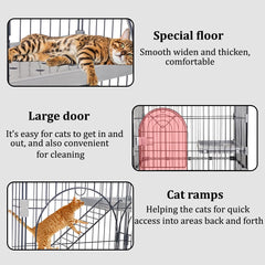 NNC PETS Cat Cage Kennel with 2-lockable Doors - 2-Tiier Metal Wire Pet Cat House Playpen for Indoor Cats - Cozy Hammock, Climbing Ladder, Drawer Tray & Universal Wheels, Easy Assembly (Grey, 88 cm)