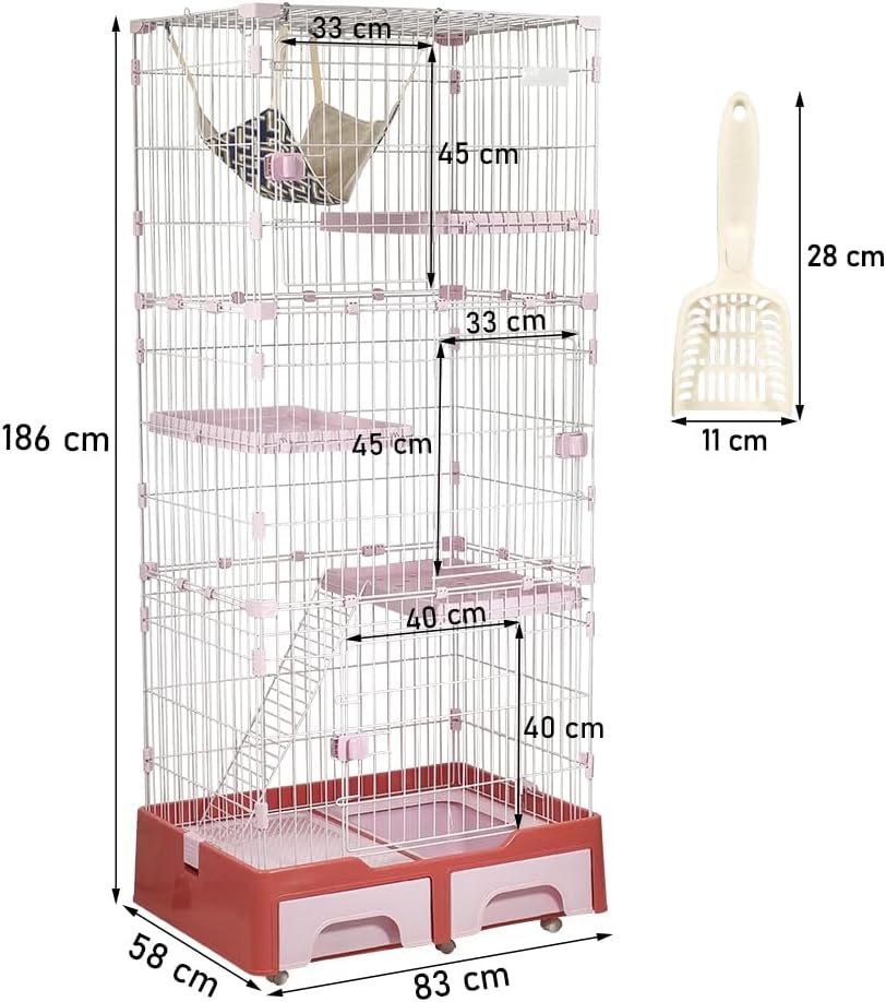 Large Cat Cage - Multi-level Cat House with Hammock, Plastic Perches, Climbing ladder, Litter Box Area and Universal wheels, 4-Tier Metal Pet Cage for Indoor Cats & Kittens 186 cm (Pink)