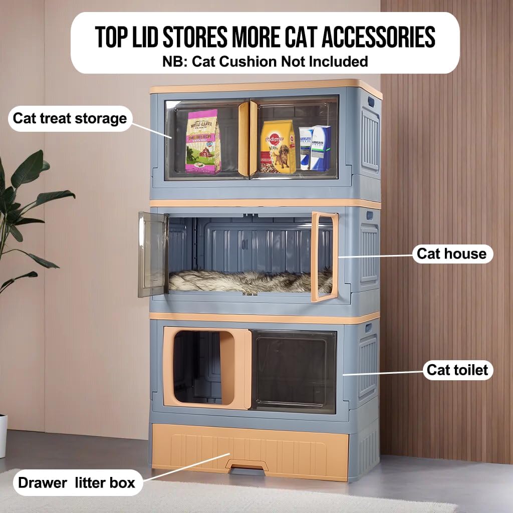 Cat cabinet, Durable 3-layer cat combination litter box with Storage area, Sleeping area, Cat toilet, and Rolling wheels, Durable plastic cat litter box, Ideal for indoor/outdoor use 115 cm