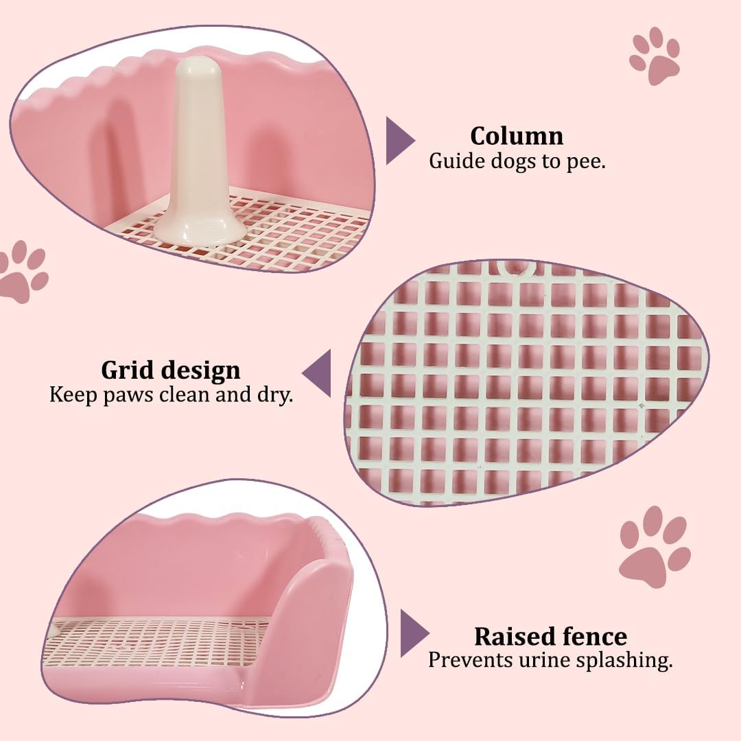 Dog toilet tray with Raised fence, Column design, and Detachable grid, Suitable for small breeds, Durable plastic design for easy cleaning, Prevents splashes for dog toilet and Urinals 37 cm (Pink)