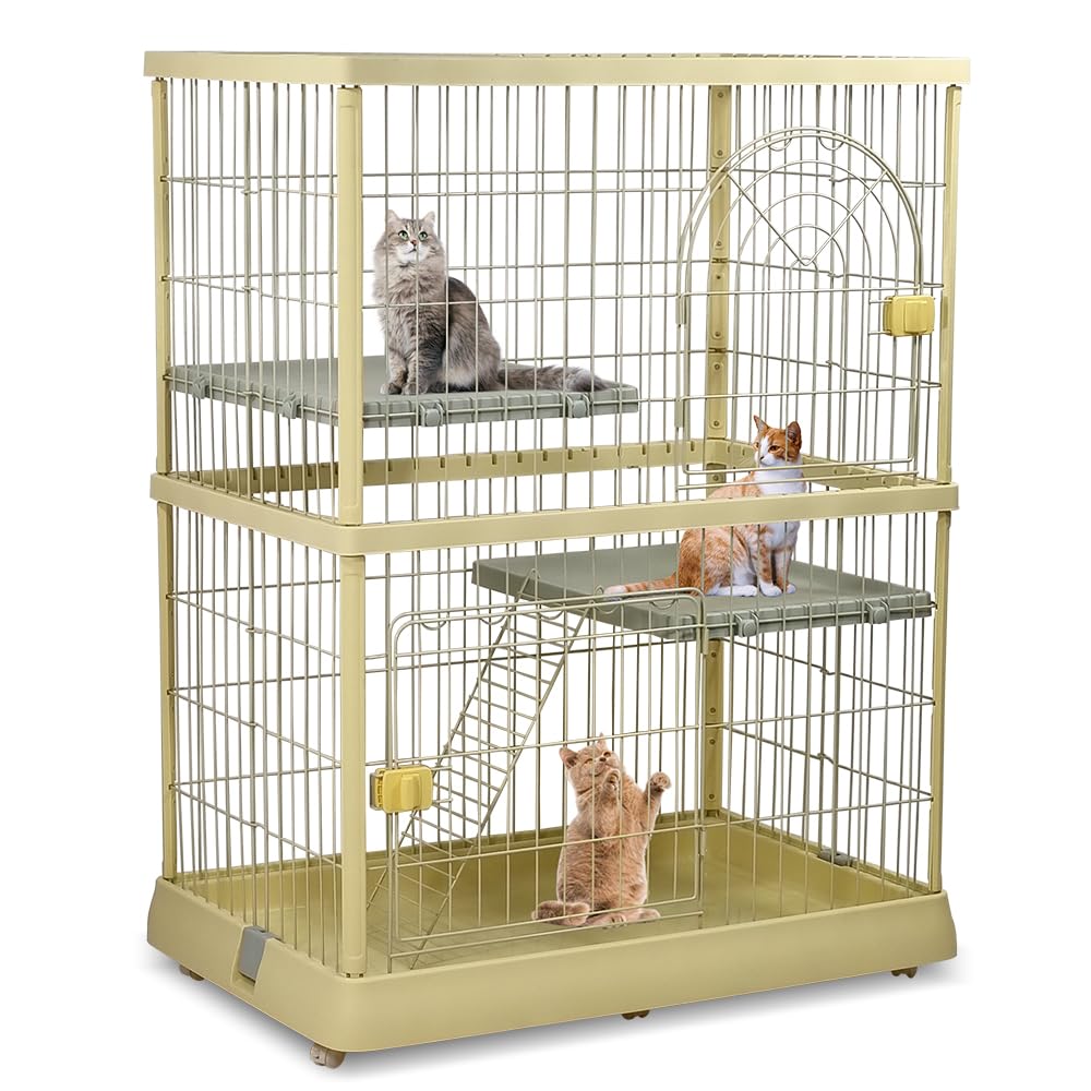 Cat cage for indoor & outdoor, Durable 2-tier metal wire cat cage with 2 lockable doors, Wide platforms, Climbing ladder, and Universal wheels, Suitable for Multi-cat household 120 cm (Yellow)