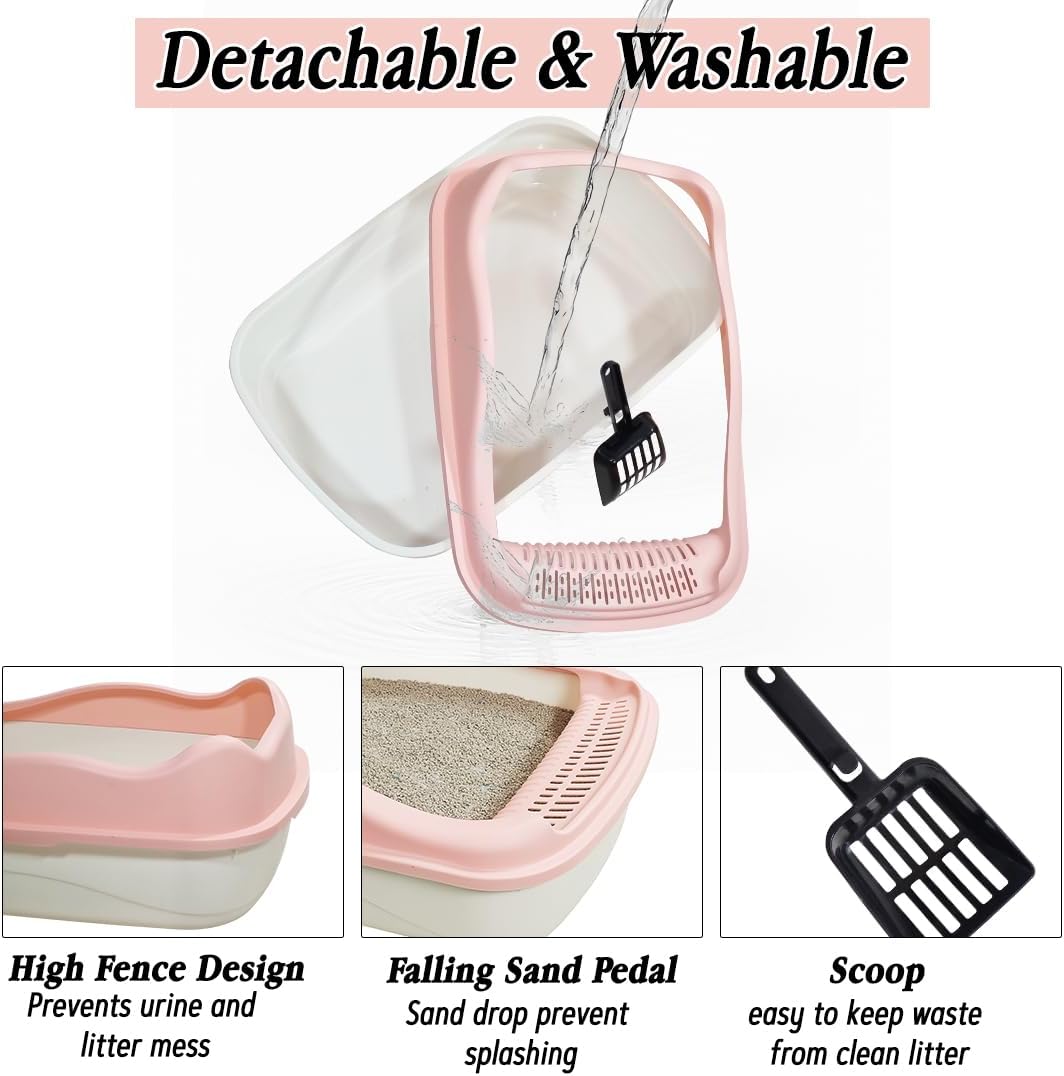 Anti-splash cat litter box with Enclosed design, Easy to clean, Durable plastic material and Removable, Cat Litter Pan with Scoop, Portable, Large size, High fence, and All size cats