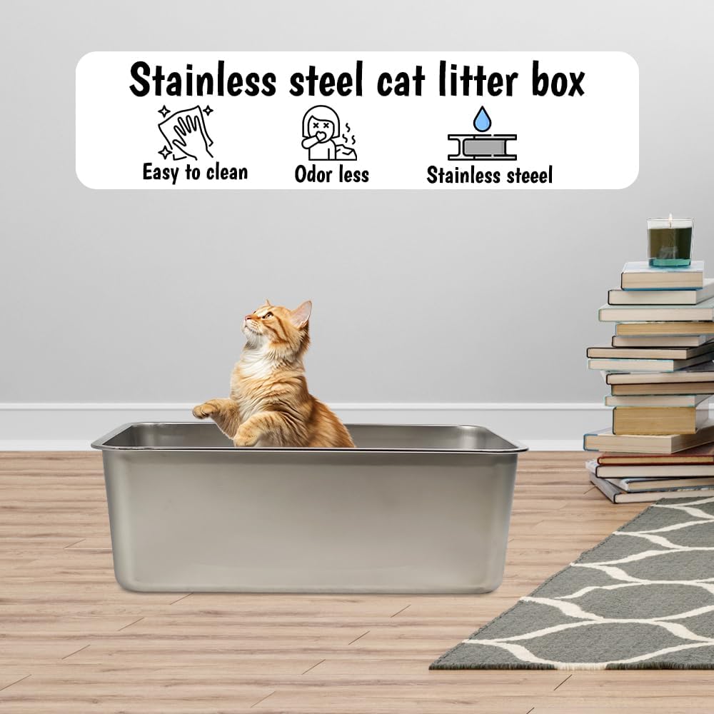 Stainless steel cat litter box with Carrying handle, Smooth edges, and Litter scoop, Rust & Stain resistant cat toilet for Large cats, Ideal for indoor/outdoor use, Easy to clean