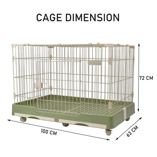 Pet Cage for Cat & Dogs | Dog Cage Playpen with Open-Top Design, Metal Wire, Lockable Door, Removable Tray & Universal Wheels | Ideal for Indoor/Outdoor | Easy to Assemble (Green, Large - 100 cm)