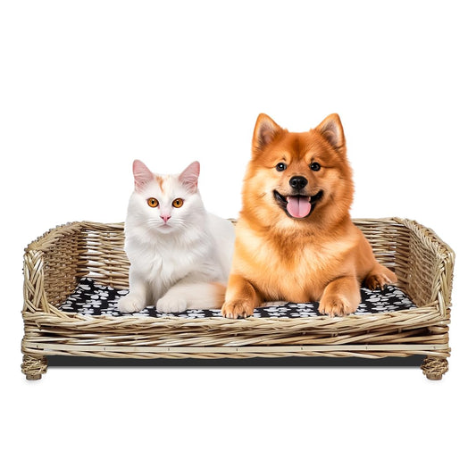 Wicker pet bed for Cats & small to medium dogs, Dog cushion with Handwoven, Durable rattan pet couch for Indoor pets, Cozy raised bed, Dog basket bed, & Breathable design, 76 cm Pet furniture, (Brown)