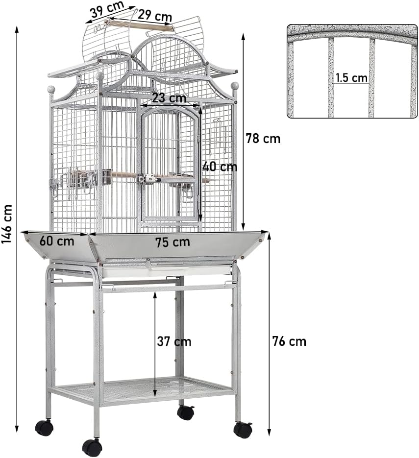Large bird cage for Parrots, Macaws, Parakeets, and Other birds, Heavy-duty metal bird cage with Open-top area, Food bowls, Slide-out tray, Storage shelf, and Universal wheels 146 cm (Grey)
