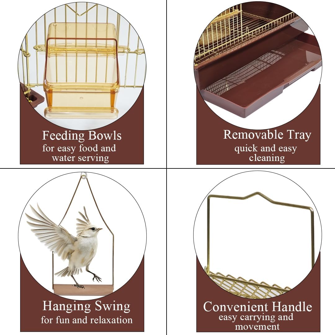 Golden bird cage with Removable tray, Food container and Perches, 104 cm Metal bird house for small to medium birds, Portable cage with Swing, Convenient Handle and Indoor-Outdoor Cage