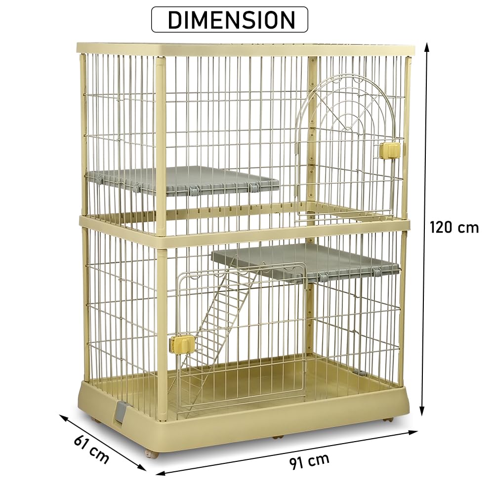 Cat cage for indoor & outdoor, Durable 2-tier metal wire cat cage with 2 lockable doors, Wide platforms, Climbing ladder, and Universal wheels, Suitable for Multi-cat household 120 cm (Yellow)