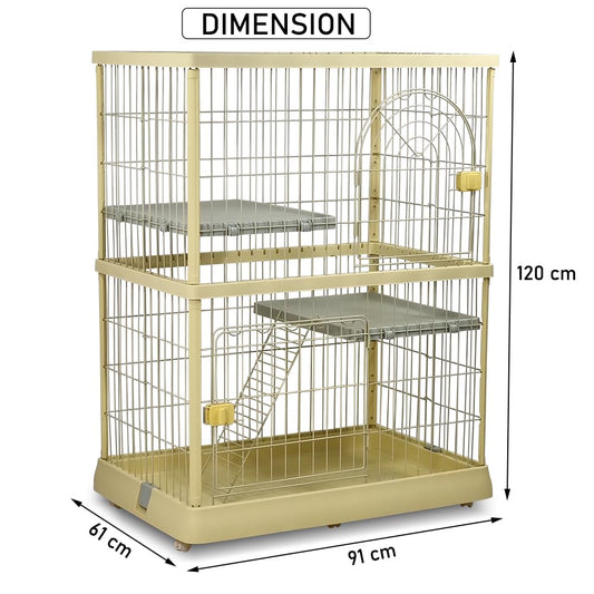 Cat cage for indoor & outdoor, Durable 2-tier metal wire cat cage with 2 lockable doors, Wide platforms, Climbing ladder, and Universal wheels, Suitable for Multi-cat household 120 cm (Yellow)