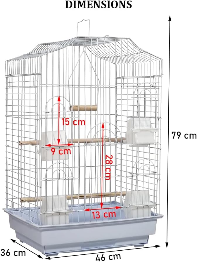 Bird cage for Budgies, Lovebirds, Finches, and Other small birds, Spacious and durable bird cage with Portable handle, Multiple perches, Feeding cups, and Removable tray 79 cm (White)