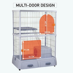 Cat cage enclosure with 2 Lockable doors, Wide platform, Climbing ladder, Litterbox area, and Universal wheels, Durable metal wire cat cage for indoor/outdoor use, Easy to assemble 130 cm (Blue)