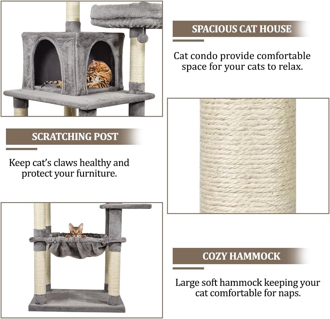 Cat tree for indoor cats, Multi-level cat climbing frame with Double perches, Dangling ball, Sisal scratching post, Cozy cat condo, and Large hammock, Easy to assemble 163 cm (Grey)