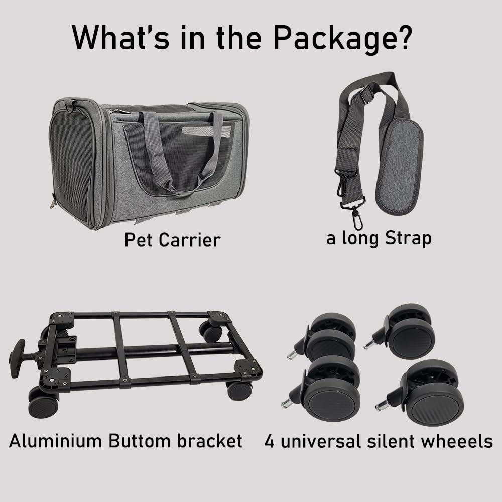 Pet stroller bag, Multifunctional cat & dog rolling luggage bag with Ventilated design, Telescopic handle, Side pockets, Shoulder straps, and Detachable roller wheels, Airline approved 90 cm (Grey)