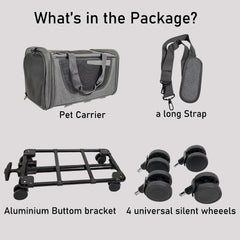 Pet stroller bag, Multifunctional cat & dog rolling luggage bag with Ventilated design, Telescopic handle, Side pockets, Shoulder straps, and Detachable roller wheels, Airline approved 90 cm (Grey)