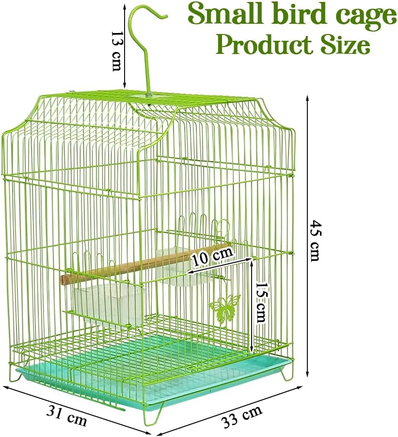 Small Bird Cage with Metal Wire, Ideal for Budgies, Small Parrots, and Parakeets, 45 cm Portable Cage for Indoor-Outdoor, Metal Bird Cage with Hanging, Bottom Tray, Perches, and Feeding Bowls, Green