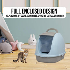 Fully-enclosed cat litter box with Portable handel, Flip cover entrance, Litter scoop, and Detachable design, Durable plastic cat toilet, Ideal for indoor/outdoor use, Easy to clean 38 cm