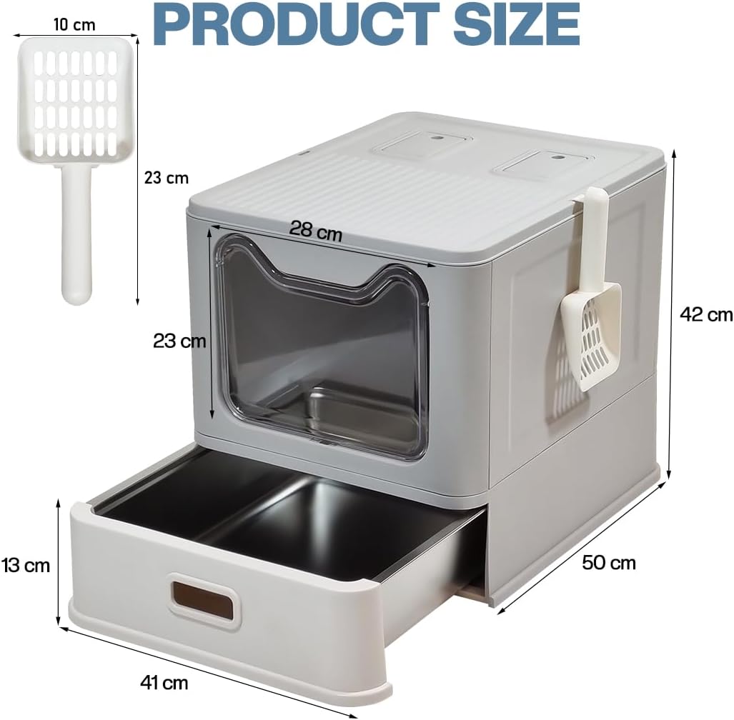 Enclosed stainless steel cat litter box with Lid, Drawer design, Litter scoop, Durable PS material, and Odor control filter, Ideal for Small to Large cats, Easy to clean, 50 cm