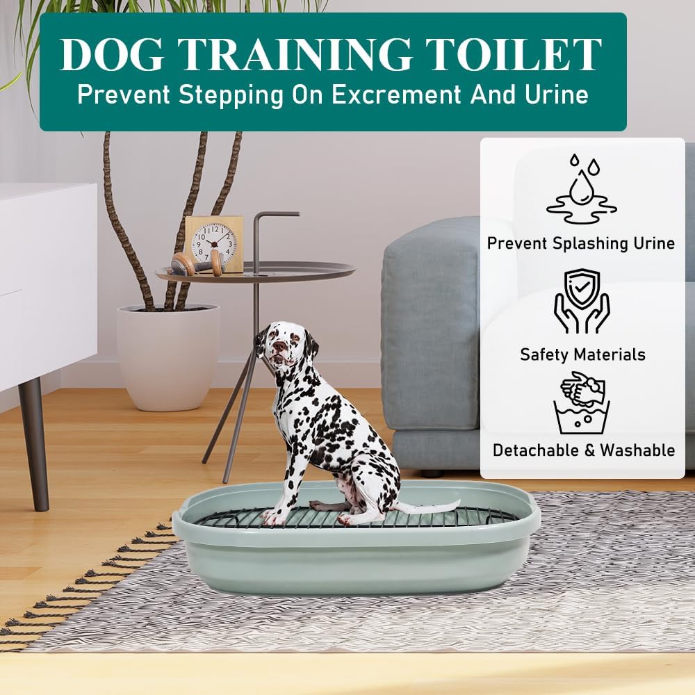 Dog training tray, Splash-proof dog toilet with Stainless steel grid, Raised design, and Litter scoop, Durable plastic dog tray for small to medium dogs, Keep paws dry & Floor clean 47 cm