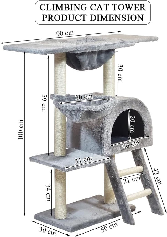 Cat tree with Wide top platform, Hammock, and Natural sisal scratching posts, Cat tower with Multilevel, Cozy Condo, and Climbing ladder, Soft plush material and 100 cm Protect furniture