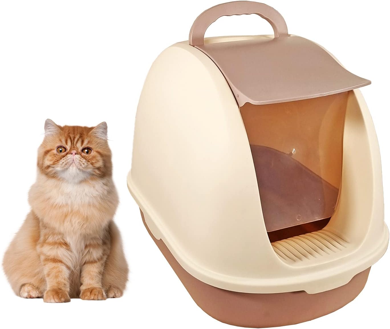 Fully-enclosed cat litter box with Portable handel, Flip cover entrance, Litter scoop, and Detachable design, Durable plastic cat toilet, Ideal for indoor/outdoor use, Easy to clean 38 cm