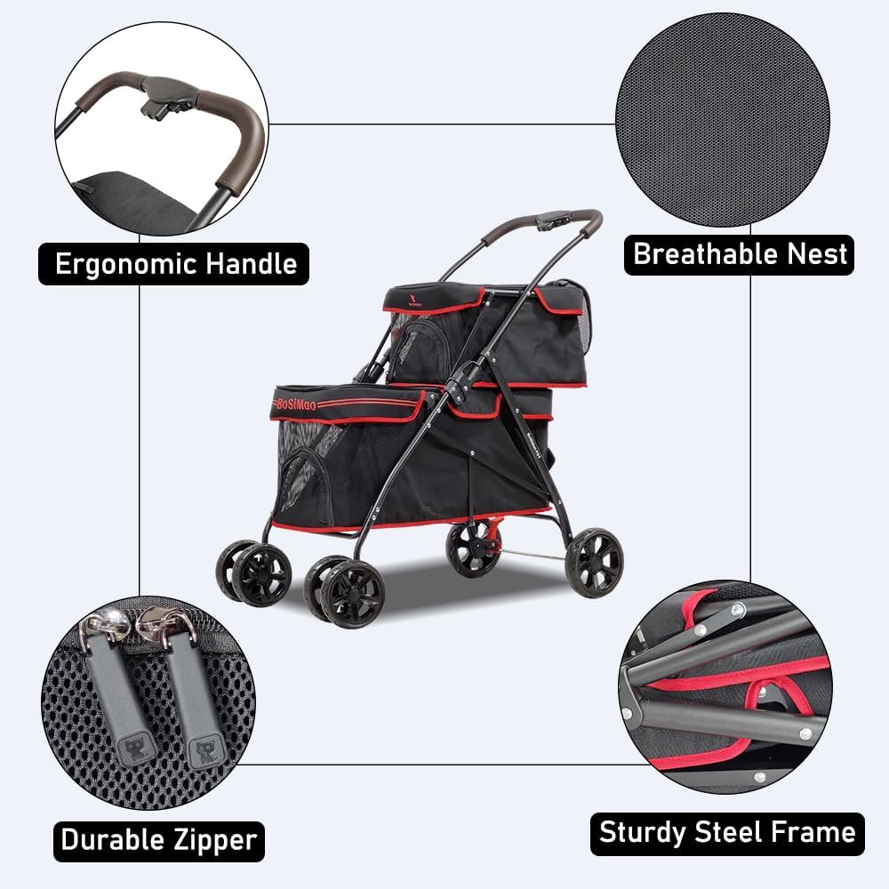 Cat Stroller | Dog Stroller with Adjustable Canopy & Spacious Interior | Pet Stroller for Dog & Cats | Lightweight, Foldable, Storage Bag & Universal Wheels | Travel & Outdoor(Midnight Black)