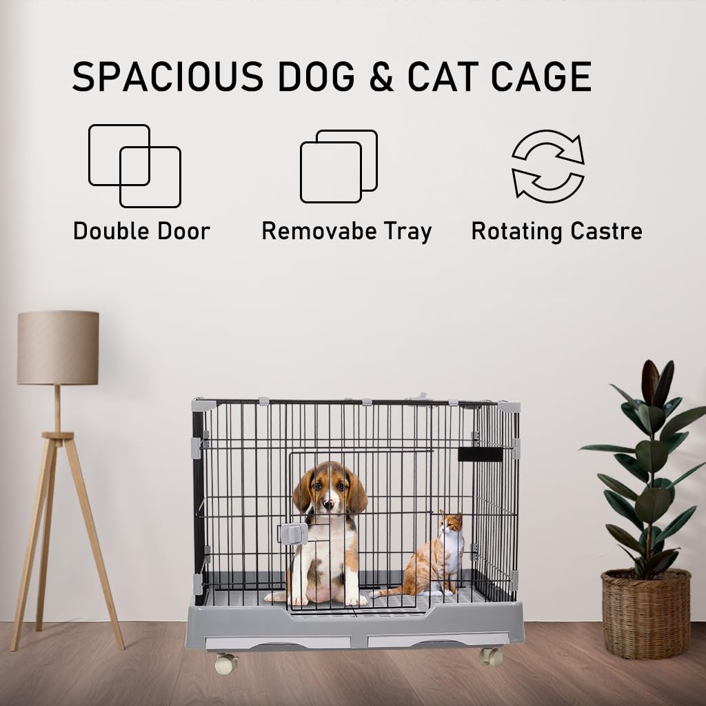 Cat cage with Open-top design, Metal wire, Lockable door, Removable tray, and Universal wheels, Spacious cat cage for Cats and Small dogs, Ideal for Indoor/outdoor use, Easy to assemble 82 cm (Grey)