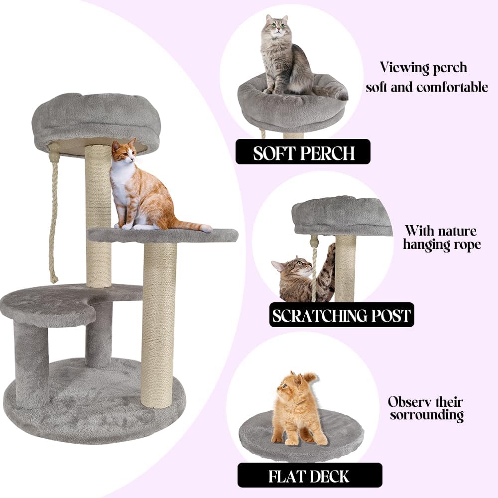 Cat tree with Soft padded perch, Playing rope, and Natural sisal scratching post, Durable cat tree climbing frame for cats & kittens, Suitable for indoor use, Easy to assemble 66 cm (Grey)