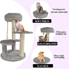 Cat tree with Soft padded perch, Playing rope, and Natural sisal scratching post, Durable cat tree climbing frame for cats & kittens, Suitable for indoor use, Easy to assemble 66 cm (Grey)