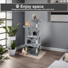 Cat tree tower with Multiple perches, Dangling balls, Sisal scratching post, Spacious cat condos, and Cozy hammock, Multi-level cat tree activity center for indoor cats, Easy assembly 143 cm (Grey)