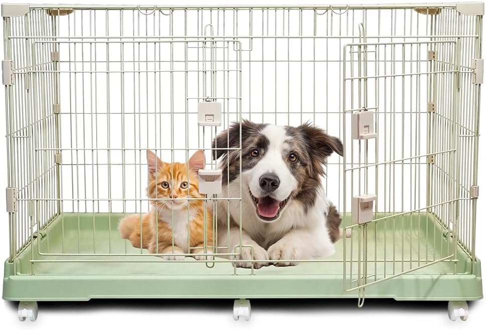 Cat Cage with Universal Wheels, Wide Main Door, Durable and Sturdy Metal Wire, 98 cm Dog Cage with Secure Lock, Easy to Assemble, Indoor-Outdoor Cat Kennel, Ideal for All Size of Pets, Green