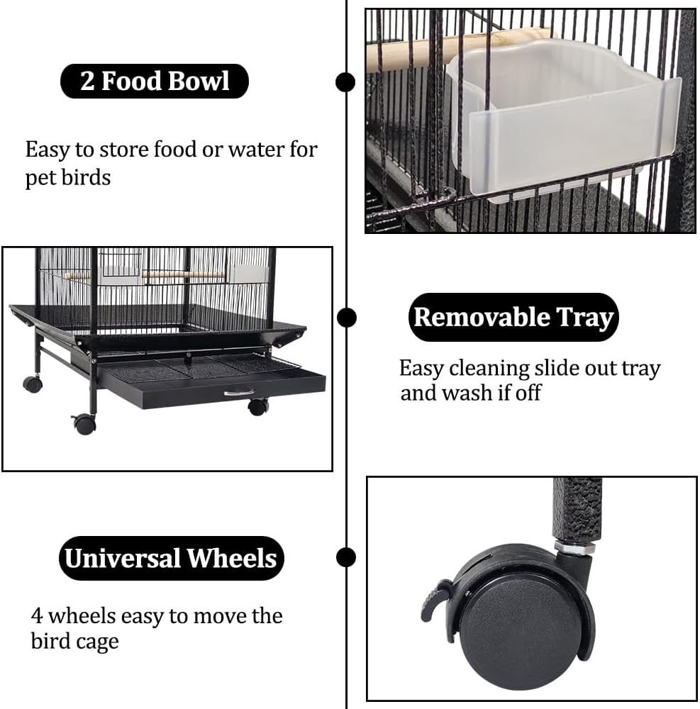Bird Cage - Bird House & Villa - Parrot Cage for Small to Medium-Sized Birds – 87 cm Durable Metal Birdcage with Wooden Standing Perch, Feeding Cups, Slide-Out Tray, and Universal Wheels
