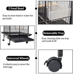 Bird Cage - Bird House & Villa - Parrot Cage for Small to Medium-Sized Birds – 87 cm Durable Metal Birdcage with Wooden Standing Perch, Feeding Cups, Slide-Out Tray, and Universal Wheels