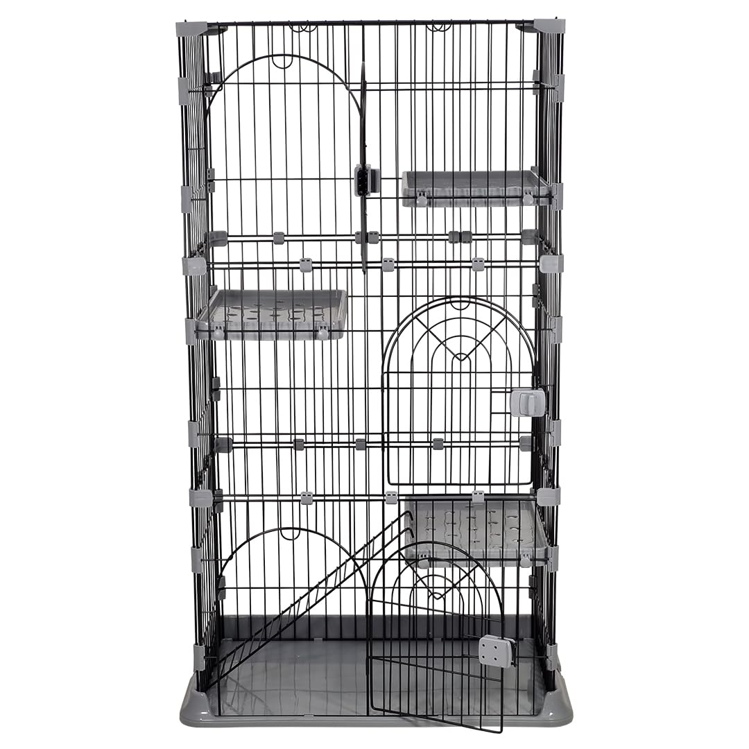 NNC PETS Cat Cage Playpen Kennel - 3-layer Metal Wire Crate for Multi-Cat Households - 3-Lockable Door, Wide Platforms - 132cm Pet Cage with Ladder & Leak-Proof Base (Grey, Large)