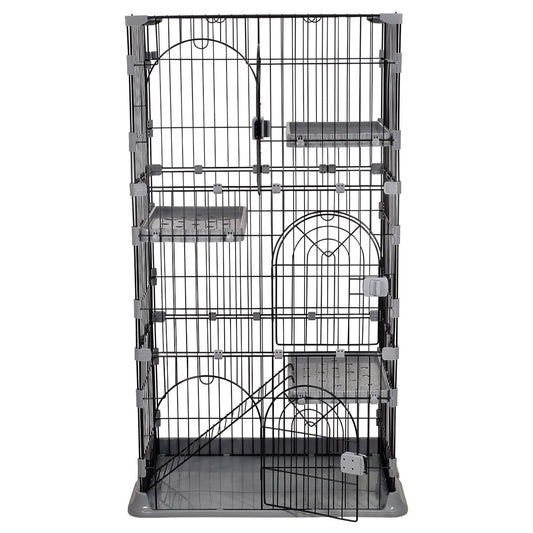 3-Tier cat cage for Multi-Cat households, Spacious multi-level cat enclosure with 3 Lockable doors, Climbing ladder, and Leak-proof base, Cat cage for indoor/outdoor, Easy assembly, 132 cm (Grey)