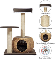 Cat Tree with Double Perches - 86cm Cat Tower House with Toy - Cat Condos & Comfortable Resting Area - Natural Sisal Scratching Post - Suitable for Indoor Cats & Kittens (Brown)