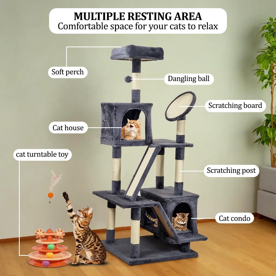Cat Tree for Big Cats - 160 cm Multi-level Cat Tower with Spacious Resting Area, Cat Turntable Toy, Dangling Ball & Sisal Scratching Post, Easy to Assemble (Ash Grey, Large)