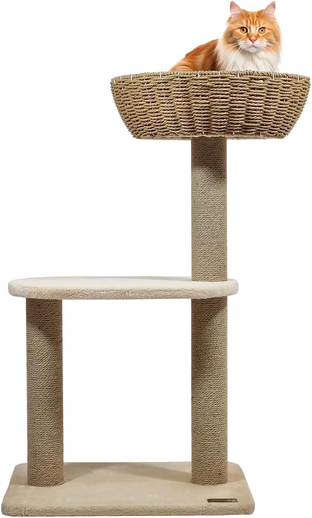 2-Tier Cat tree tower with Handwoven seagrass basket perch, Cozy Condo, and Sisal Scratching Posts, Modern Cat Furniture for Indoor Cats & Kittens, Multi-Level Activity Center