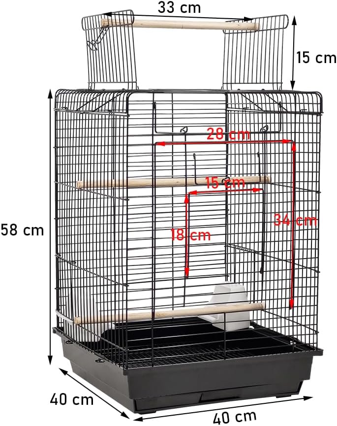 Black Bird Cage - Open Roof Top with Feeding Bowls, Removable Tray, Perfect for Budgies, Canaries, and Cockatiels (73 cm)