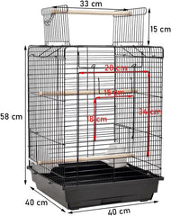 Black Bird Cage - Open Roof Top with Feeding Bowls, Removable Tray, Perfect for Budgies, Canaries, and Cockatiels (73 cm)