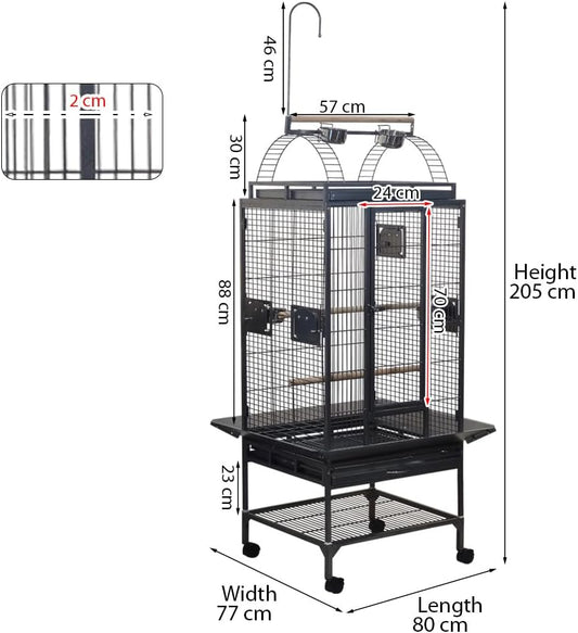 Parrot cage with Play top, Rolling stand, Mesh shelf and Pull-out tray, 205 cm Bird villa with Feeding bowls, Indoor-outdoor cage, Wooden perches and Hanging toy, Universal wheels (Black)