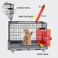 Cat cage playpen for cats & small dogs, Durable meta wire cat cage with Open-top design, Lockable door, Removable tray, and Universal wheels, Ideal for indoor/outdoor, Easy assembly 75 cm (Grey)