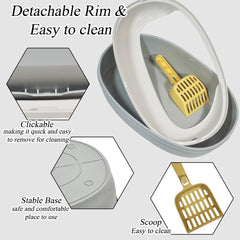 Semi open cat litter box with Durable plastic material, Splash guard, Stable base and Air ventilation design, Pet waste tray with Scoop, high fence, Indoor-outdoor use, and Detachable