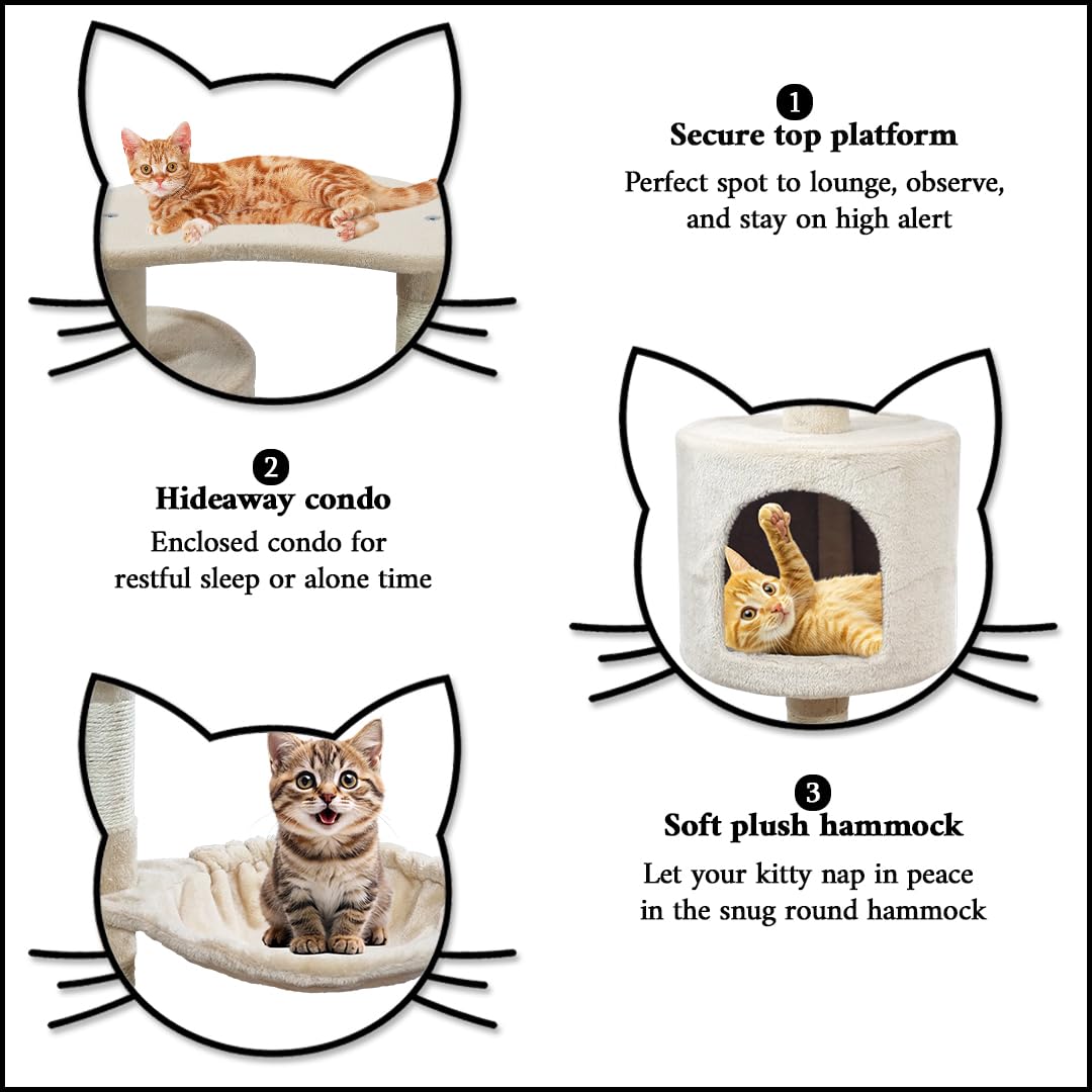 Multi-level Cat Tree for Big Cats | 111cm Cat Tower with Top Perch | Cozy Condo, Soft Hammock & Paw Shape Perch | Indoor Cat Playground with Sisal ladder, Sisal Scratching Posts