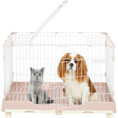 Pet Cage for Cat & Dogs | Dog Cage with Open-Top Design, Metal Wire, Lockable Door, Removable Tray and Universal Wheels | Ideal for Indoor/Outdoor | Easy to Assemble 98 cm (Pink)