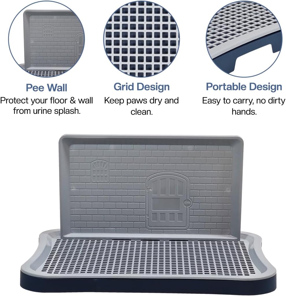 Dog toilet tray for small to medium dogs, Durable plastic dog potty training tray with Pee isolation wall, Grid design, and Portable design, Ideal for Indoor/Outdoor use, 50 cm (Navy-Blue)