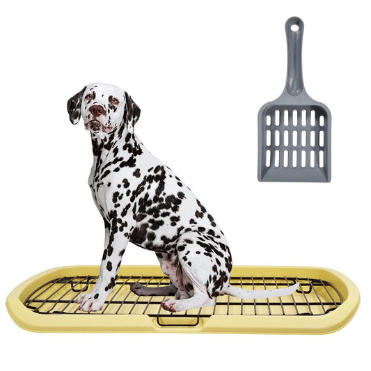 Dog toilet training with Barrier grid, Splash-proof design, Carrying handle, and Litter scoop, Large stainless steel dog toilet for All-sized breeds, Ideal for indoor/outdoor use, 65 cm (Yellow)